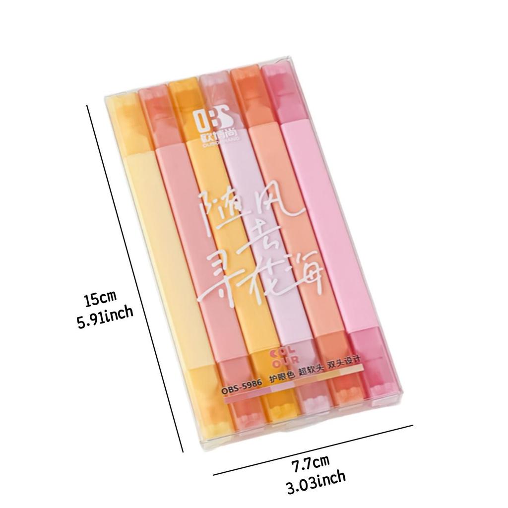 6pcs Dual Tip Highlighter Pens Set Macaron Pastel Colors Chisel Tip Quick Dry Soft Brush Student Drawing Set