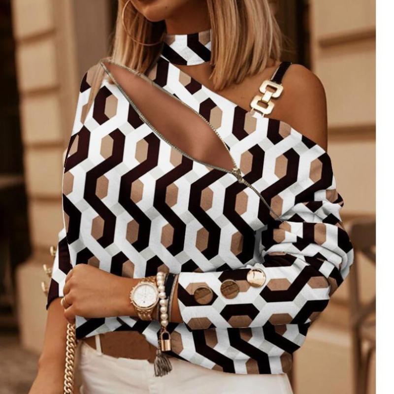 BITCED Женский осенне-зимний топ с длинным рукавом и цепочкой на шее, украшенный пуговицами с принтом