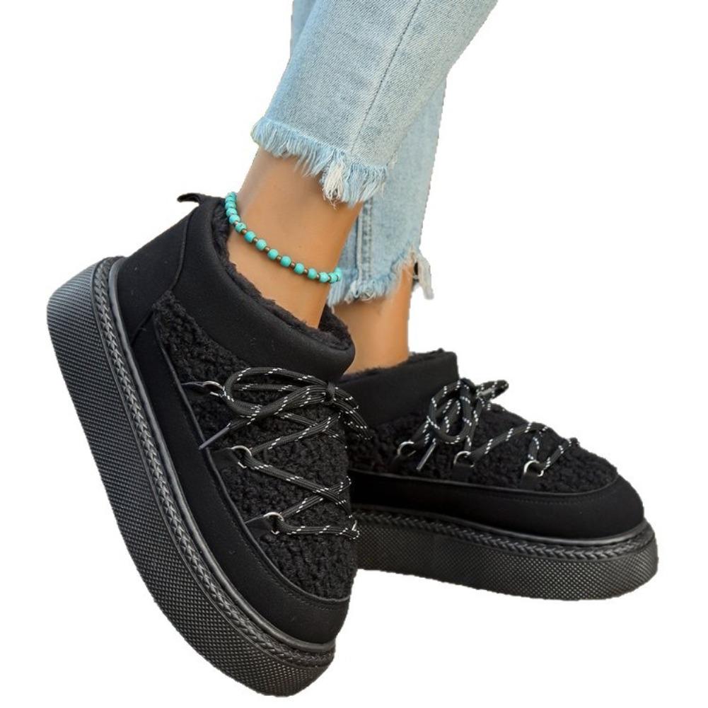 Модные женские круглые короткие ботинки с носком внахлест, плюшевой шнуровкой спереди на платформе, нескользящие износостойкие хлопковые ботинки 2025 Зимние сапоги для снега