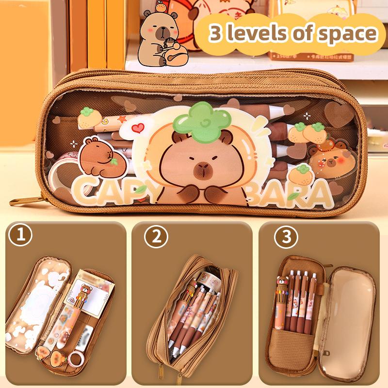 Пенал Капибара Мультяшный Прозрачный Пенал большой вместимости Студенты Дети Многослойный Пенал Сумка для хранения