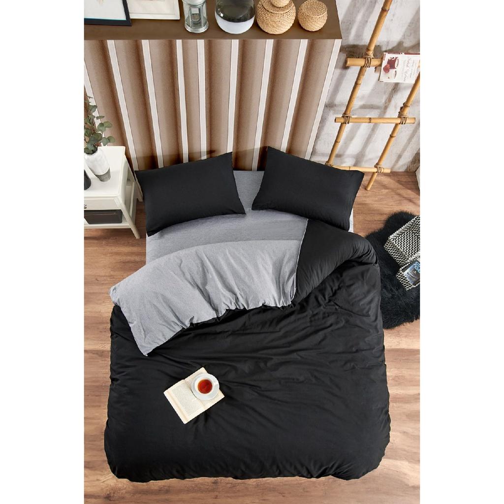 White Square Anthracite Single Duvet Cover Set With Rubber Sheet And 1 Pillow Case