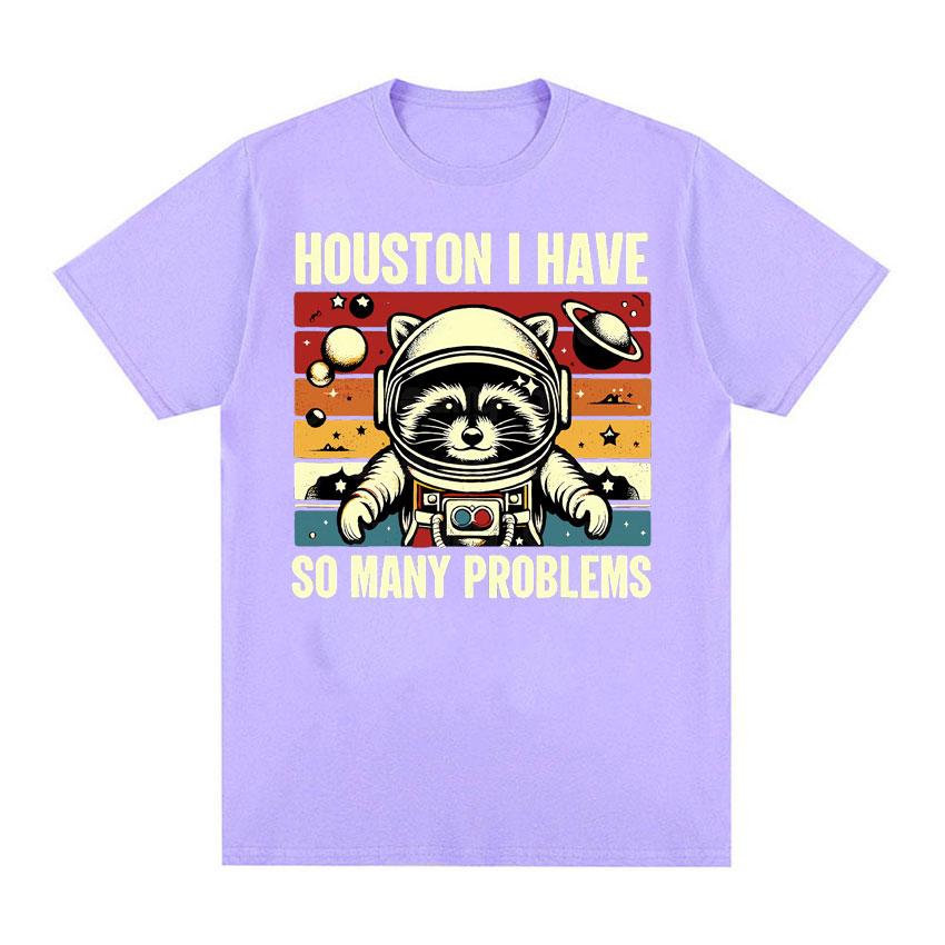 Хьюстон у меня так много проблем Смешная футболка с мемом про енота в космосе Мужская Женская Удобная Цветная Ретро Футболка с коротким рукавом Топы