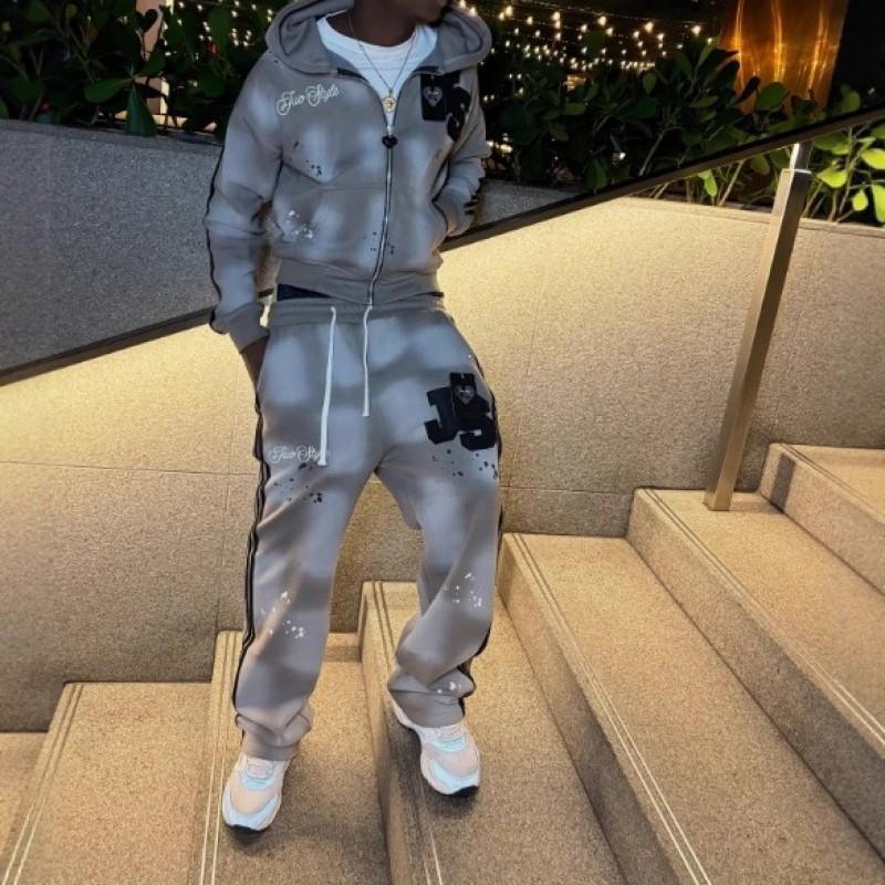 Mens Streetwear Vintage Printed Hooded Zip Sweatshirt Pants Set Loose Fit Teens