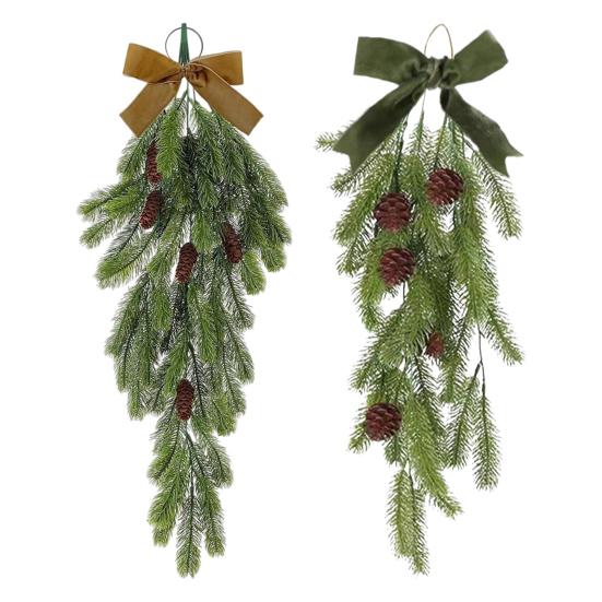 Yousheng 2 шт. рождественская гирлянда в форме капли, искусственные сосновые иголки, гирлянда с шишками и бантом, искусственная подвесная гирлянда из зелени для домашнего декора