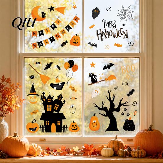 Bright Color Halloween Decals 4 Sheets Electrostatic Glass Stickers, Cartoon Pumpkins Castle Bats Window Friendly Art PVC Waterproof Static Clings for
