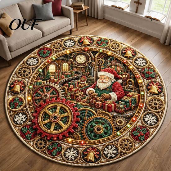 Holiday Fireplace Mat for Home Round Christmas 3D Rug, Optical Illusion Area Santa Gnome Rug Living Room Entrance Pattern, Non-slip Floor Entryway