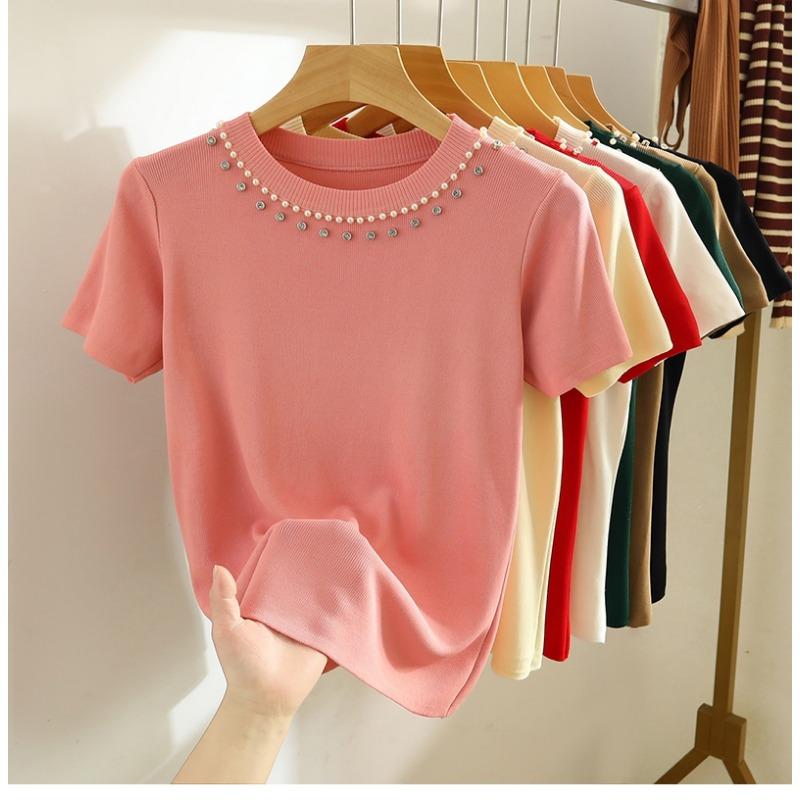 Women's Summer Short Sleeve Knitted T-shirt New Fashion O Neck Beaded Knit Elegant Short Top Female Casual Simple Solid Color Ladies Tshirt 3112