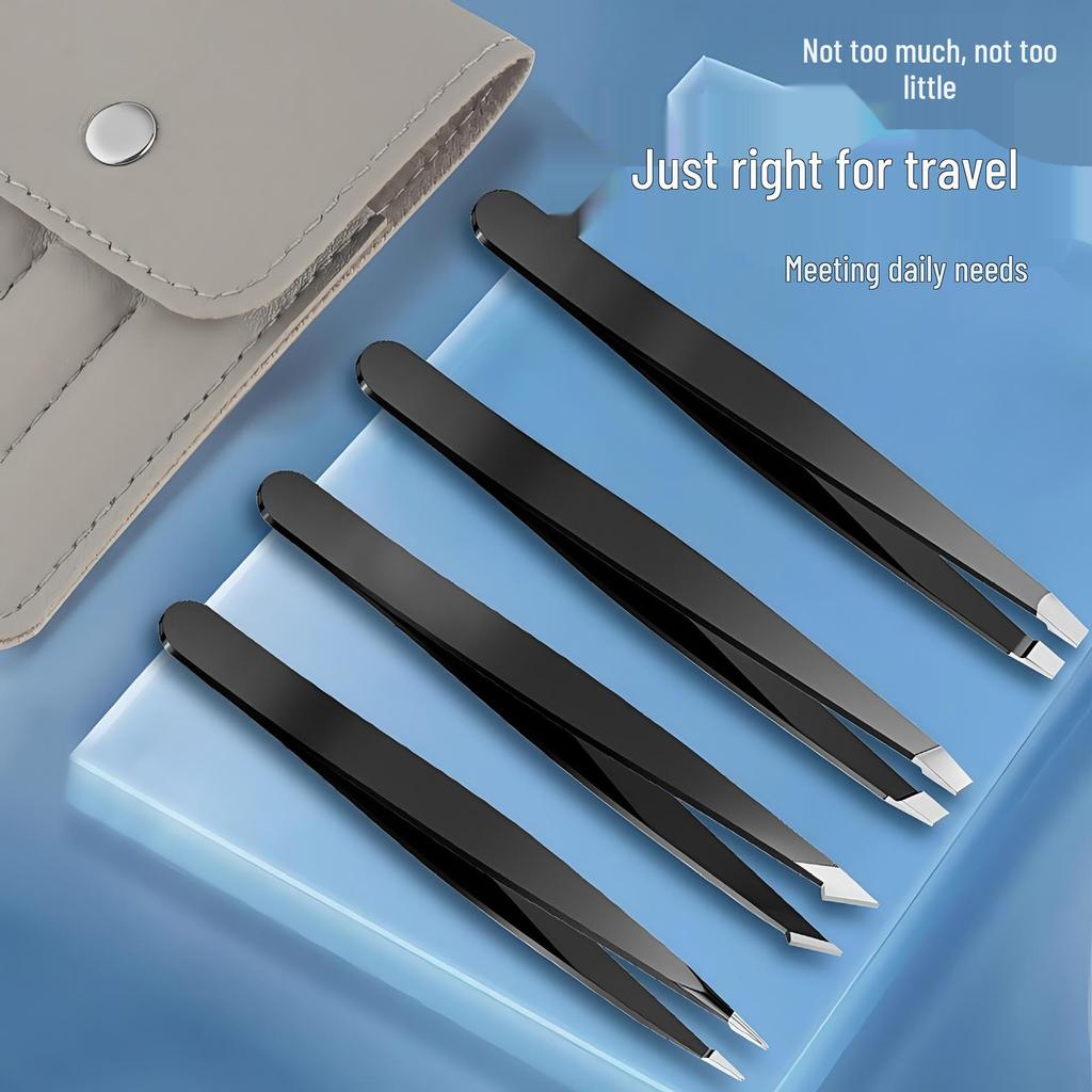 Stainless Steel Eyebrow and False Eyelash Tweezer Set - 4 Piece Hair Removal & Beauty Tool Kit