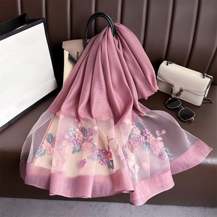 Elegant Silk Wool Embroidered Crabapple Flower Scarf - Double Layer, Thin, Large Shawl, Solid Color, All-Season Accessory.