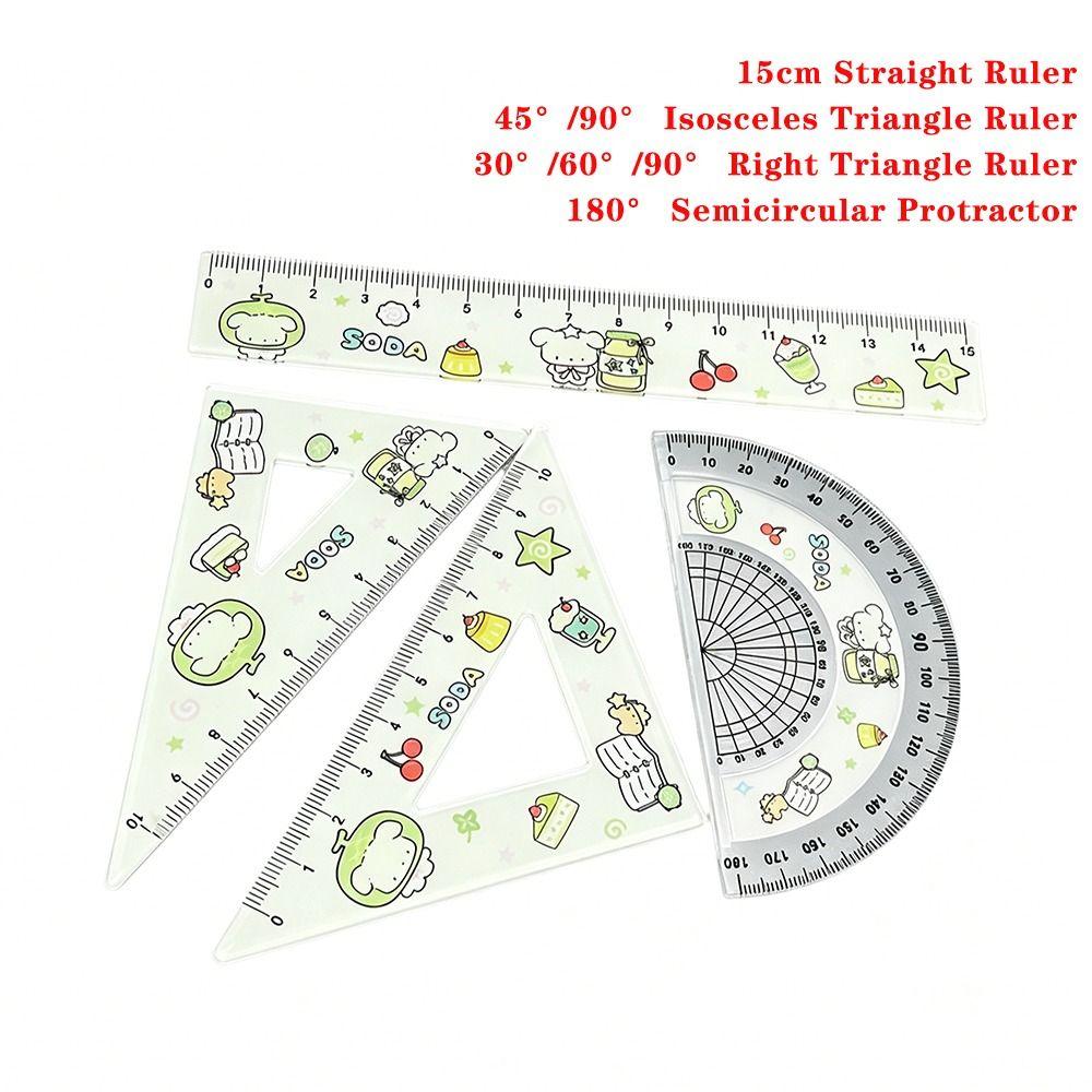 4pcs Math Geometry Tools Ruler Set Melon Dog Straight Ruler Portable Triangle Rulers  School Office