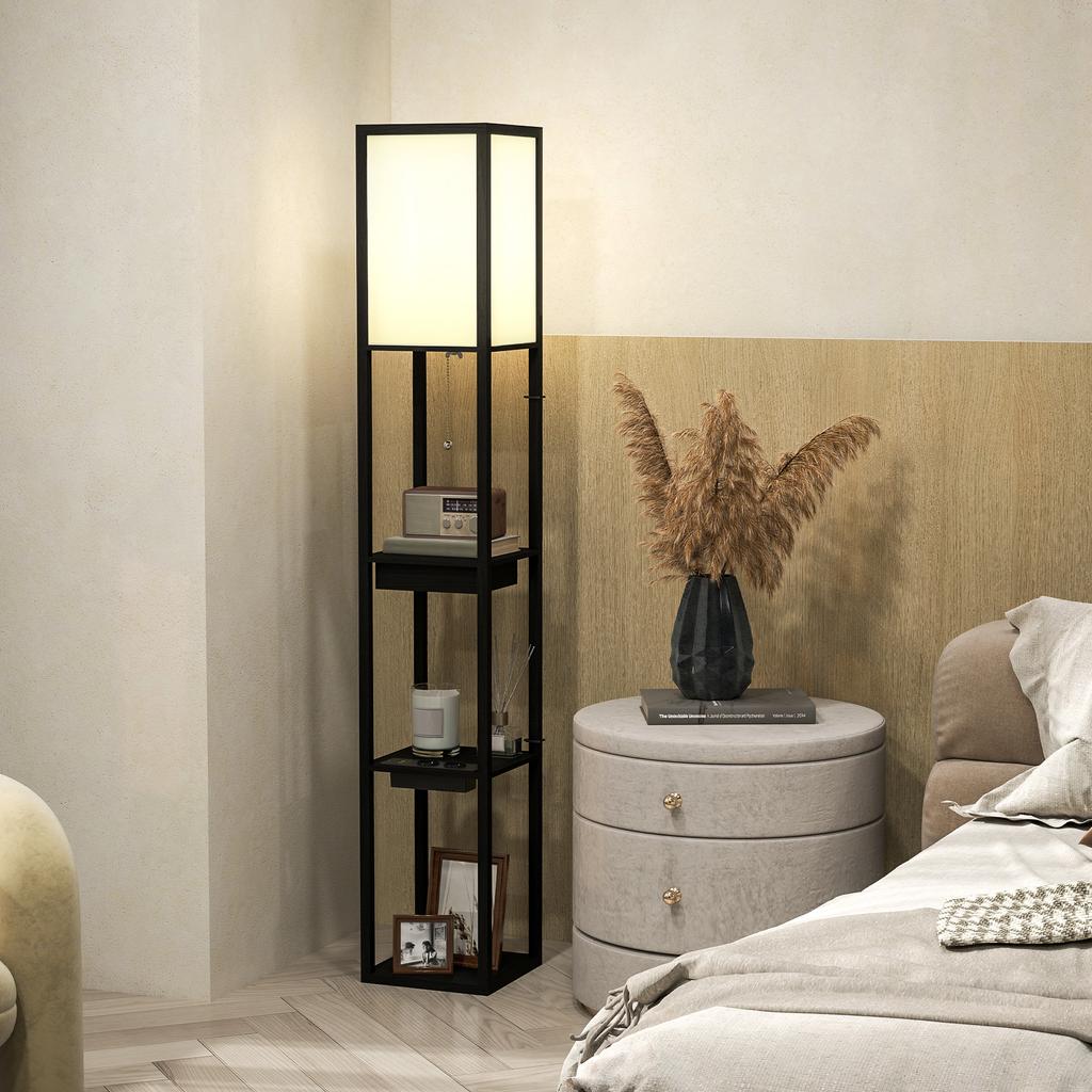 Floor Lamp With 3 Tier Shelf Foot Switch USB Ports MDF Black