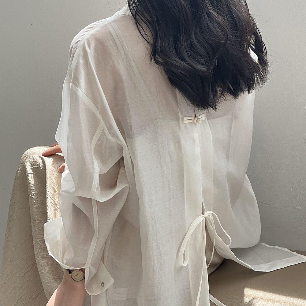 Women's Summer Loose Fit Tencel Shirt with Frog Buttons and Tie-Back, Turn-Down Collar, Sun Protection