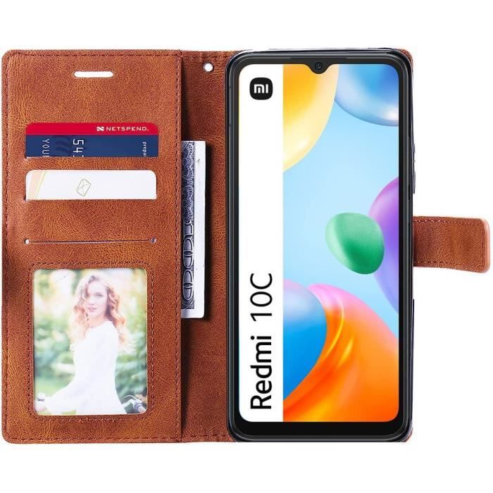Coque pour Xiaomi Redmi 10C Marron Anti-Rayures Protection 360 Degré Cuir PU