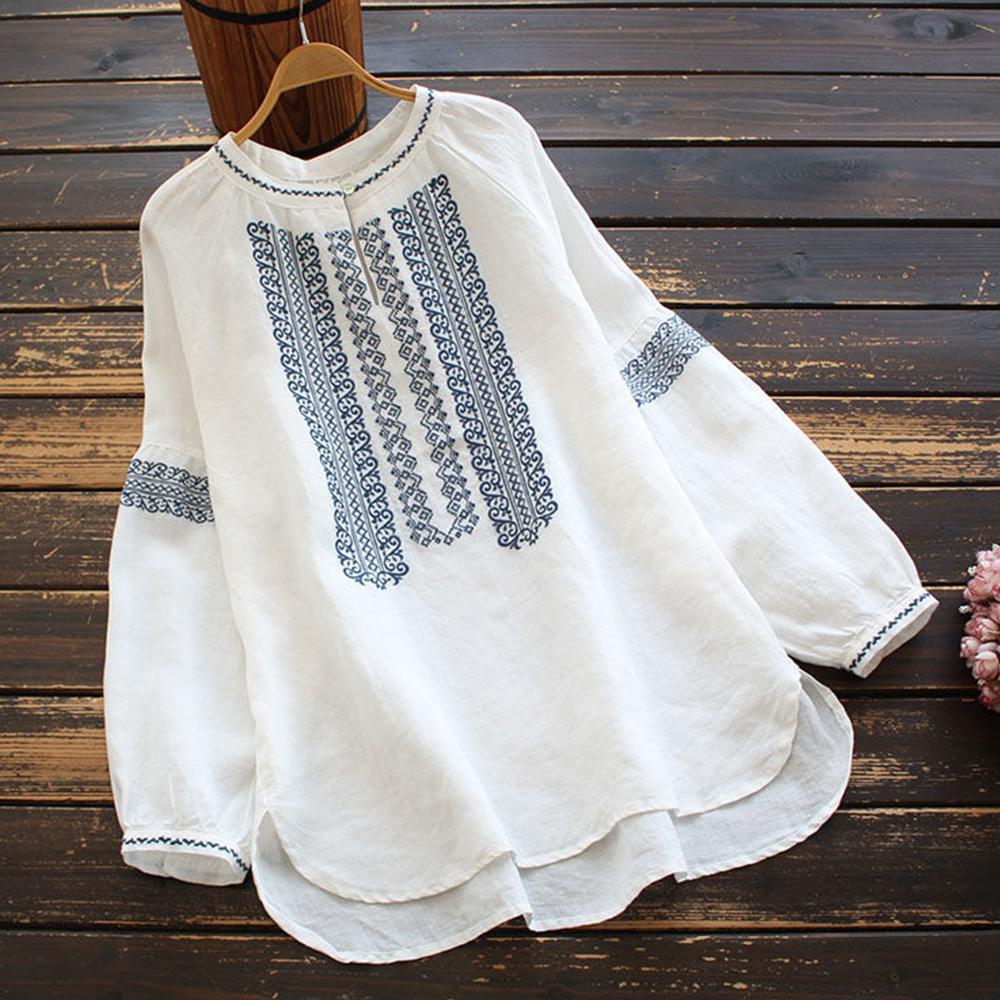 Винтажная вышивка женские блузки больших размеров однотонные с длинным рукавом этнические рубашки осенние женские повседневные свободные рубашки верхняя одежда