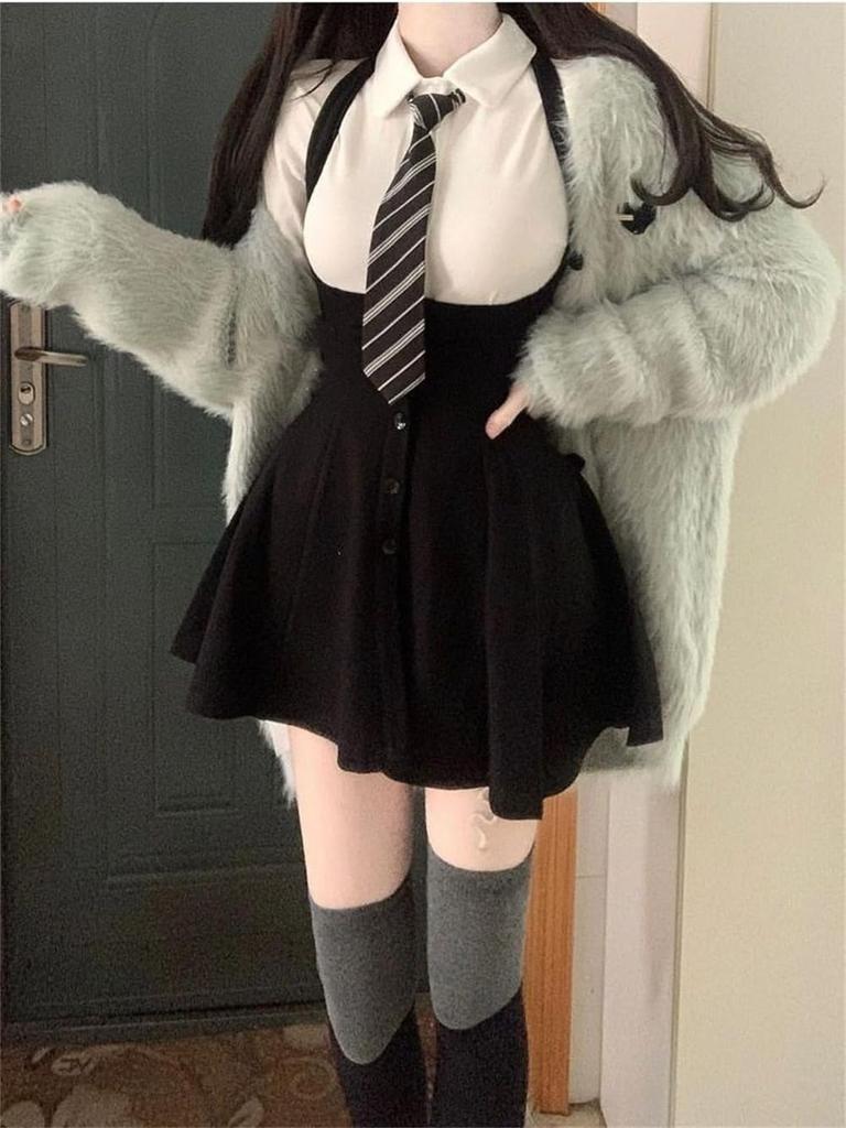 Комплект платья для топа и лендмайна длинный или короткий белая лента и подтяжки школьный Харадзюку осень фото [SDSXZWG] Массовое производство Женщины, Низ, Галстук, Стиль,