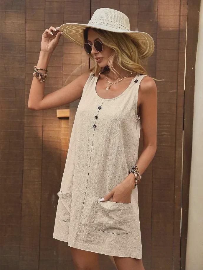 Платье в европейском и американском стиле из хлопка и льна, однотонное, без рукавов, с карманами, на подтяжках и регулируемыми бретелями на пуговицах
