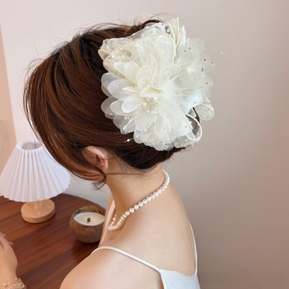 Fashion Sweet Rose Flower Hair Claw Elegant Large Size Beaded Tassel Jaw Clips Shark Clip Volumizing Hair Accessories Daily