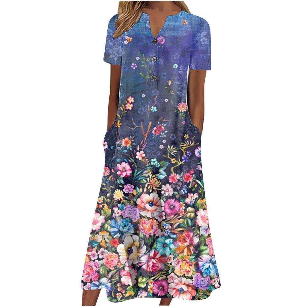Women's Summer Casual Printed V-Neck Short-Sleeve Swing Dress