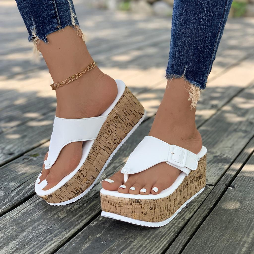 2025 new large size toe solid color platform slippers independent station slope heel women's buckle fish mouth flip-flops