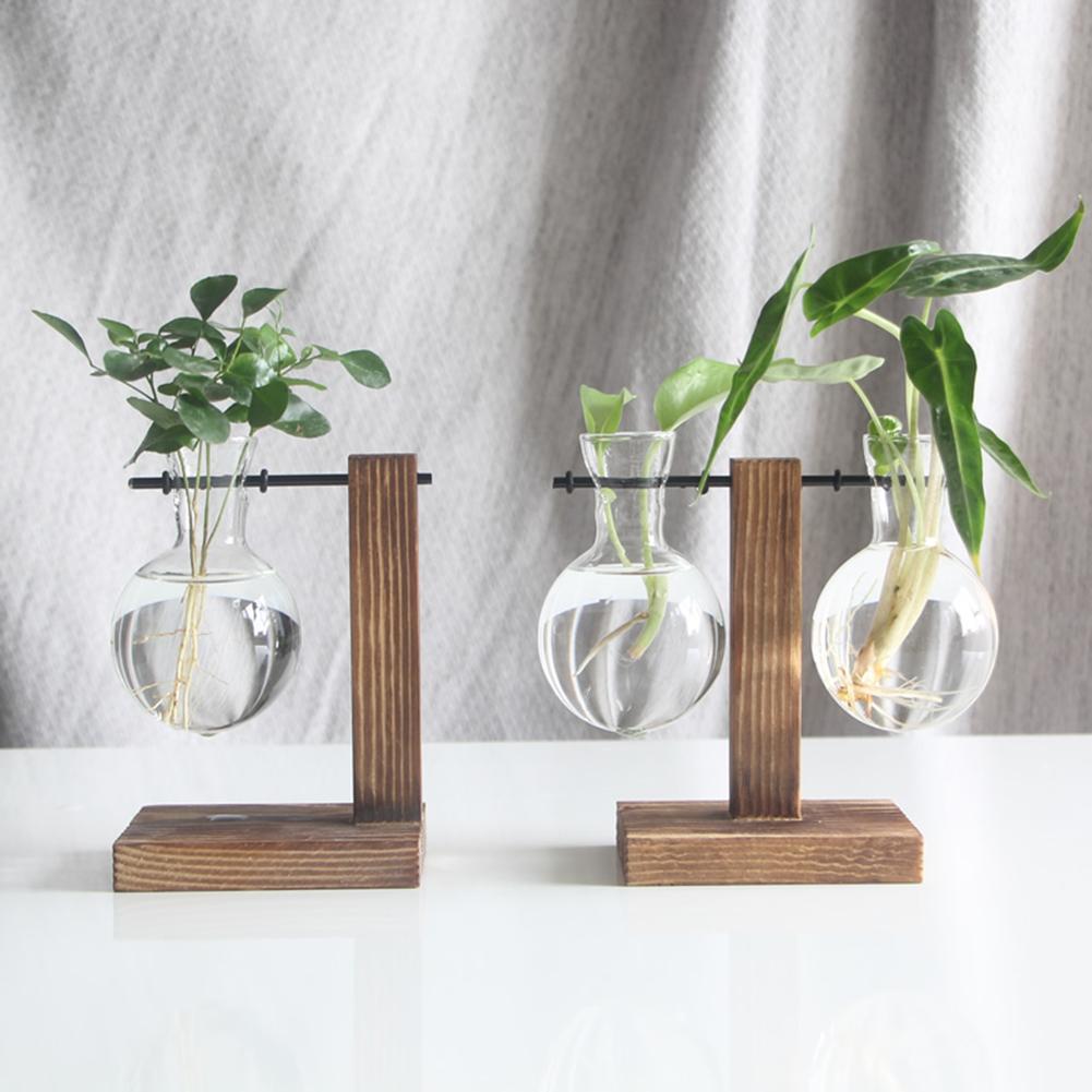 Plant Terrarium with Wooden Stand Hydroponic Planter Bulb Glass Bonsai Flower Pot for Home Office Decor Plant Lover Gift