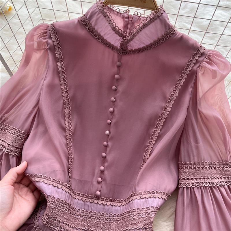 New Heavy Craft Lace Embroidery Hollow Out Party Evening Long Dress Women's Stand High Waist Lantern Sleeve Dresses Holiday