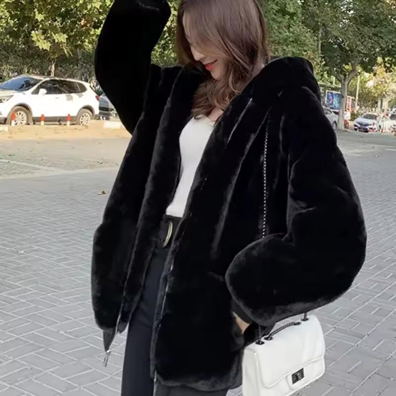 Loose Thick Plush Coat for Women Winter Imitation Fur Rabbits Grass Coat Female Warm Zipper Jacket Hooded Parka Overcoat