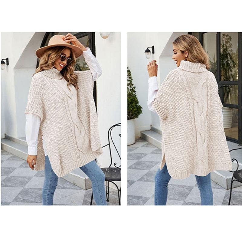 High Neck Knitted Shawl Crochet Fried Dough Twists Pattern Women's Loose Pullover Half Sleeved Sweater Casual Thick Warm Knitwear Autumn and Winter