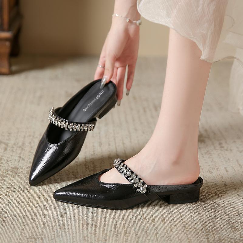 2024 Модные универсальные однотонные женские тапочки Baotou со стразами, удобные женские тапочки с неглубоким носком