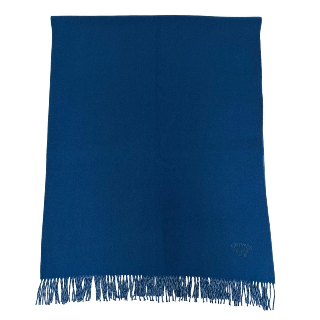 Excellent HERMES shawl Large scarf with embroidered logo Blue cashmere Used
