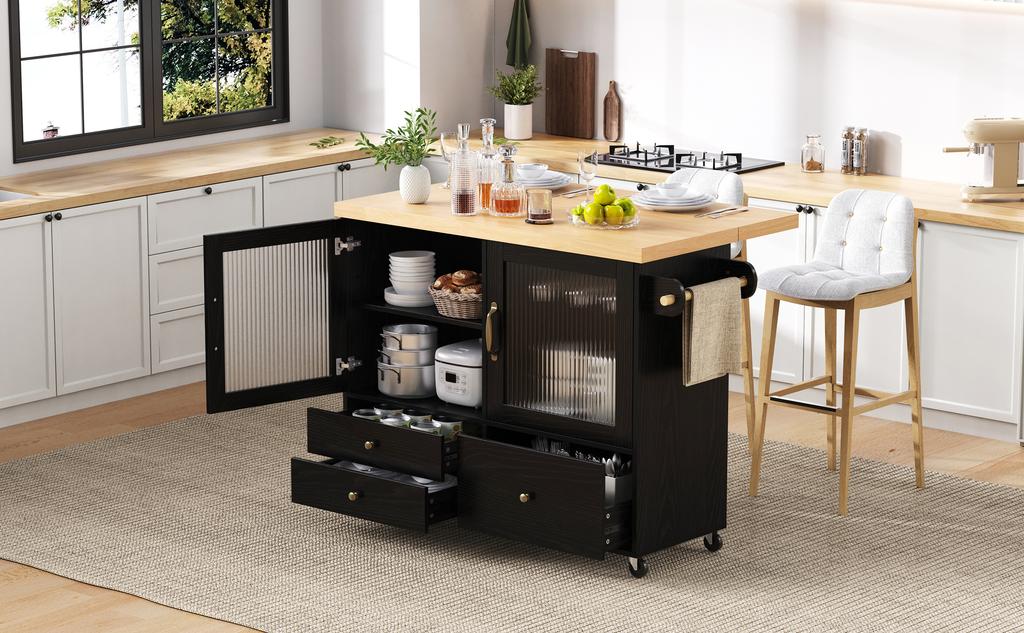 Mobile kitchen island with wheels and pull-out dining table, kitchen trolley with wine glass holder and storage, for kitchen and dining room (Black)
