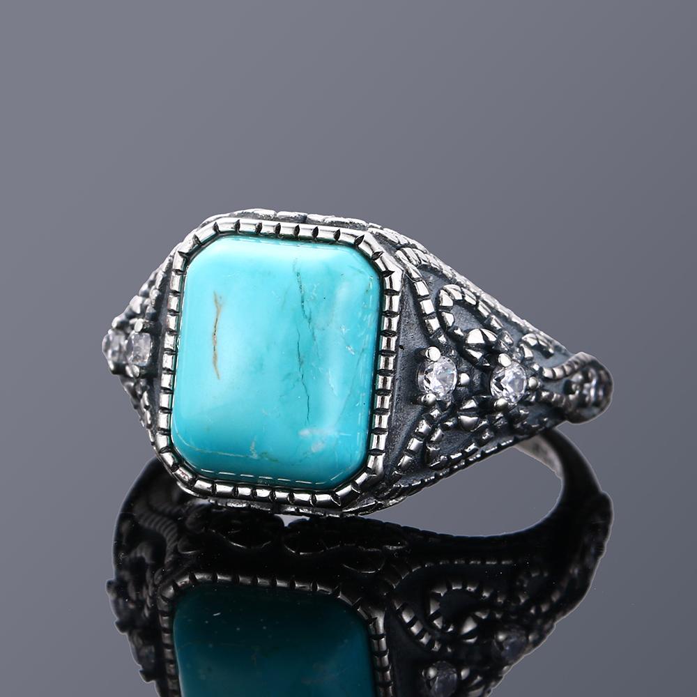 Multicolor Large Rectangular 10 * 12MM Turquoise Ring Female Engagement Wedding Party Jewelry Vintage Fine Jewelry