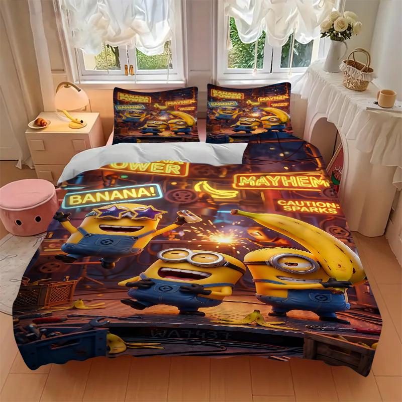 3Pcs Minions Banana Power Chaos Bedding Set Quilt Cover Pillowcase Home Christmas Halloween Gift 1 Duvet Cover 2 Pillowcase S212