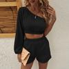 Женский модный однотонный топ с косым воротником на одно плечо с длинным рукавом и шорты