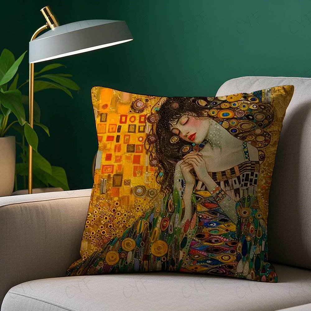 Gustav Klimt Oil Painting Pillow Case Safe Custom Photo Pillow, Anti-fade Brushed Fleece Cushion, Maternal & Infant Safe.