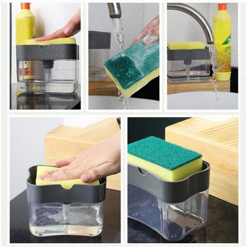 Kitchen and Bathroom Double-layer Sponge Box Hand Pressure Soap Dispenser Scouring Pad Dishwashing Brush Soap Box ADM