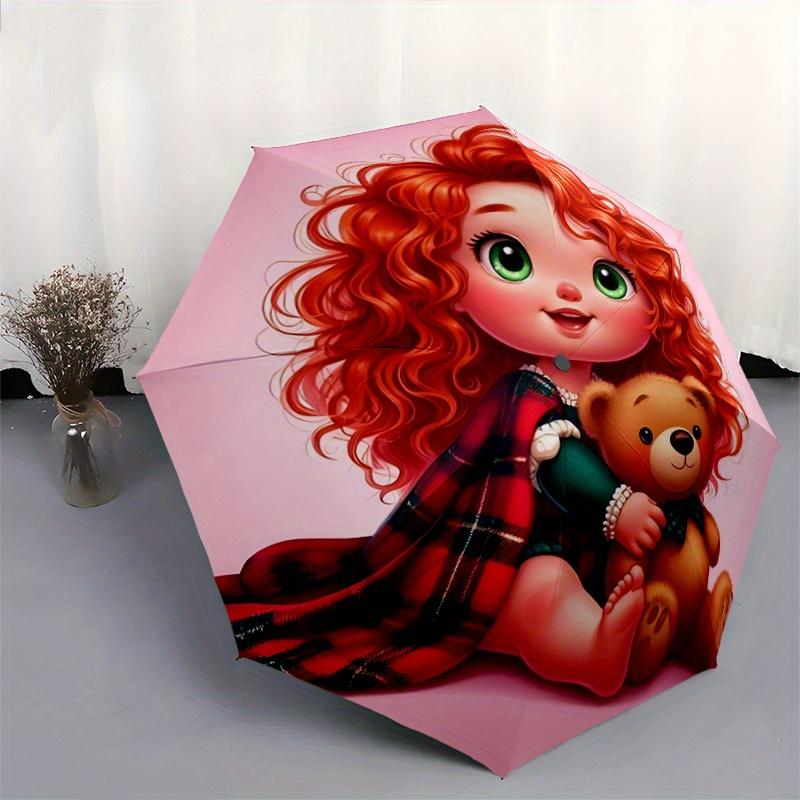 1pc Cute Merida & Bear Pattern Automatic Umbrella is Fashionable and Good-Looking, a Portable 3-Fold Umbrella, Suitable for Travel and Daily