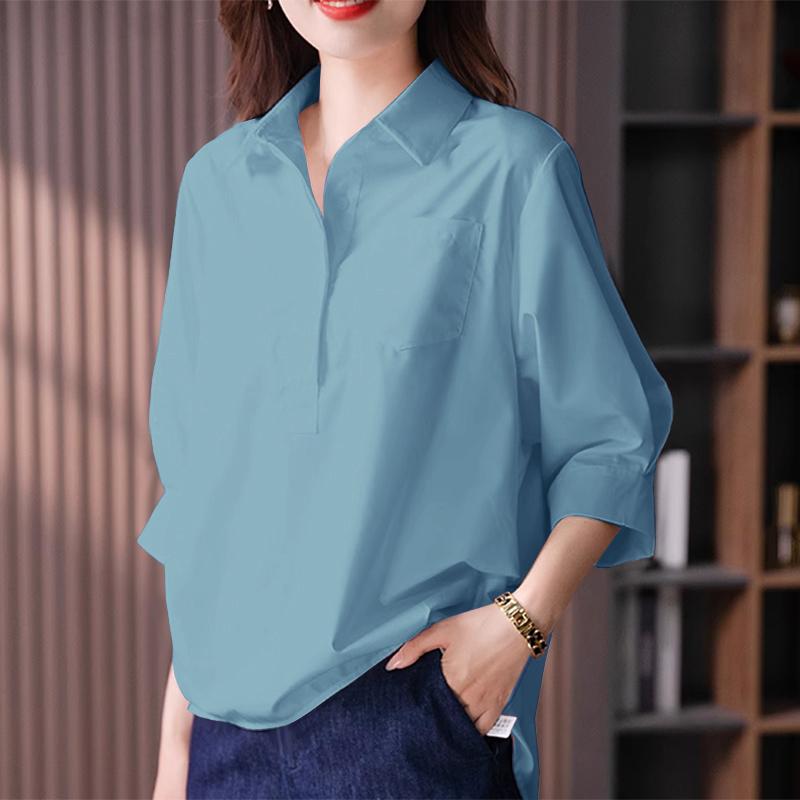 ZANZEA Women Turn Down Collar Loose Casual 3/4 Sleeve Plain Blouse