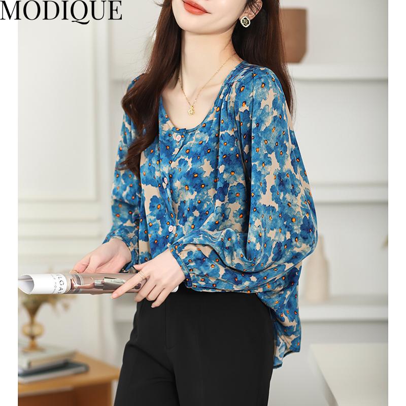 MODIQUE весна лето большие размеры женские свободные повседневные элегантные хлопковые льняные шифоновые блузки с цветочным принтом рубашки женские базовые с круглым вырезом пальто с пышными рукавами