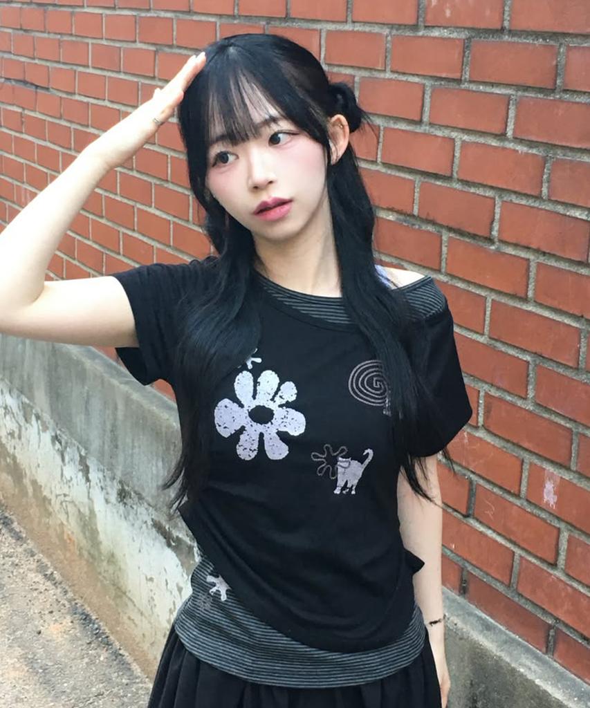 LMR Motif Embroidered Stripe Layered Short Sleeve T-Shirt Black Stripe