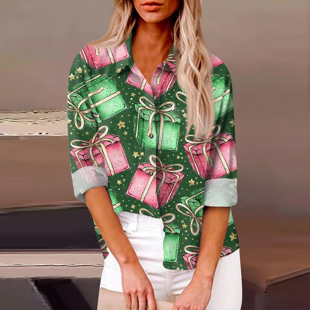 Женская свободная повседневная рубашка с длинными рукавами и рождественским принтом, кардиган с принтом и карманами
