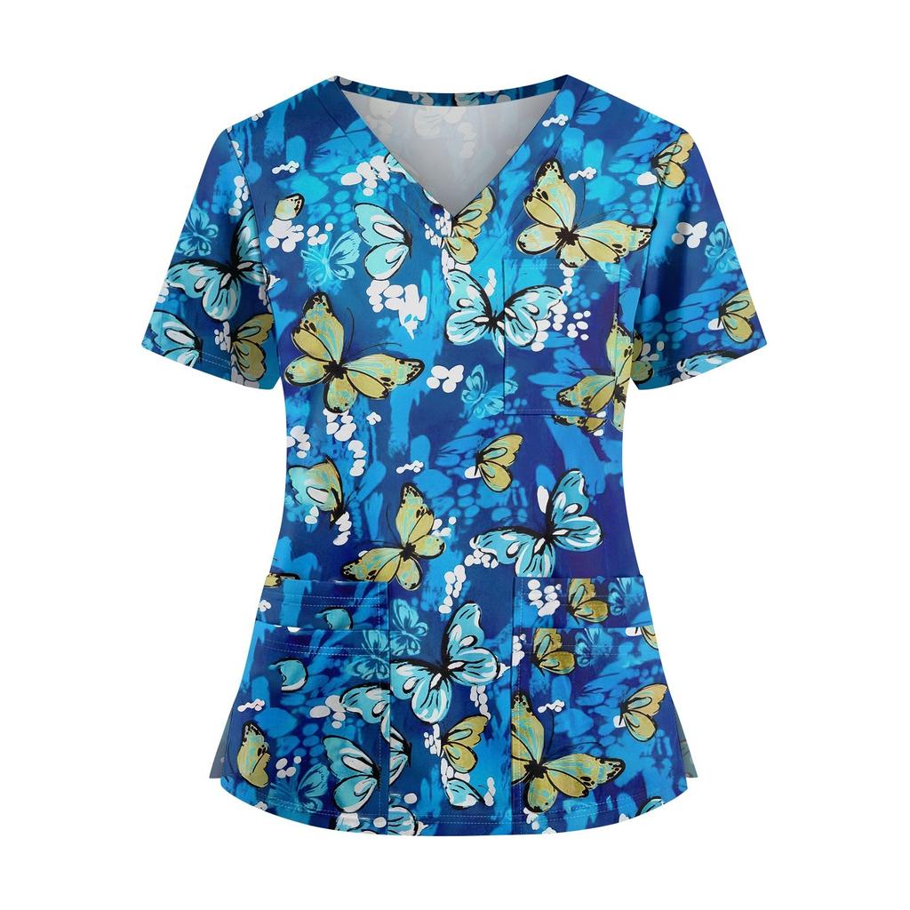 Плюс размерСкраб с принтом Рабочая форма Топы для женщин Крест V-образным вырезом Хэллоуин Принт с короткими рукавами Забавные футболки Спецодежда Футболка с карманами