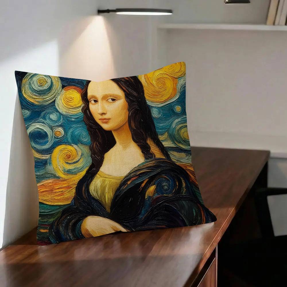 Fun Cartoon Famous Mona Lisa Van Gogh 45*45Cm Cushion Cover Pillow Cover Decor Pillowcase Home Pillowcase For Couch Pillow