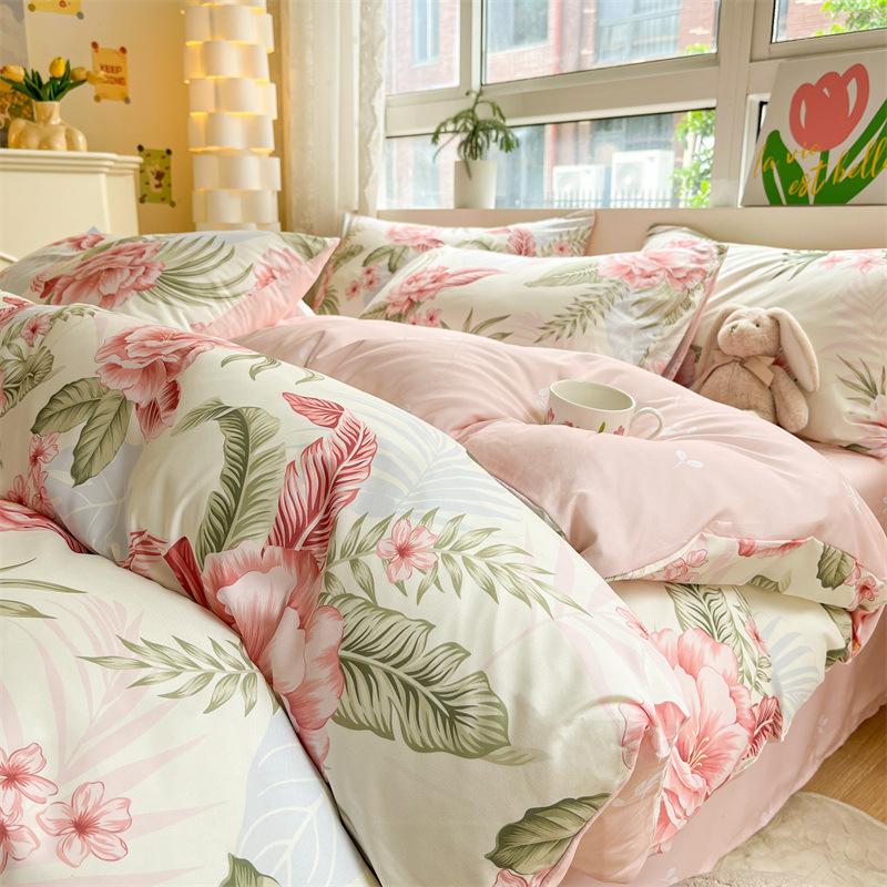 Комплект из четырех предметов из чистого хлопка с небольшим свежим цветочным рисунком, простыня для общежития, комплект из трех предметов постельного белья