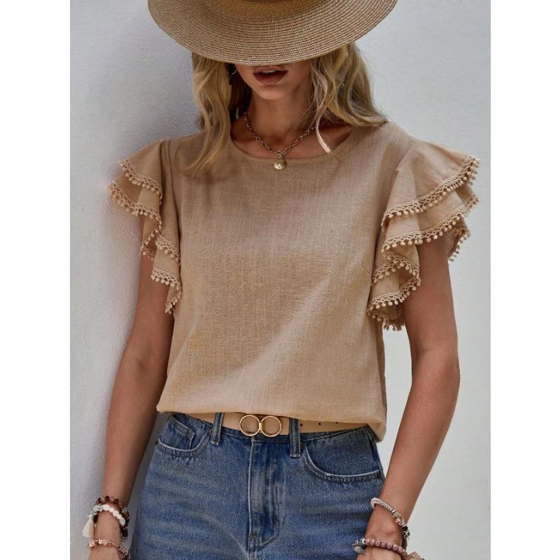 Women's Fashion Casual Summer Spring Solid Color Print Short Sleeve O-Neck Blouses & Shirts