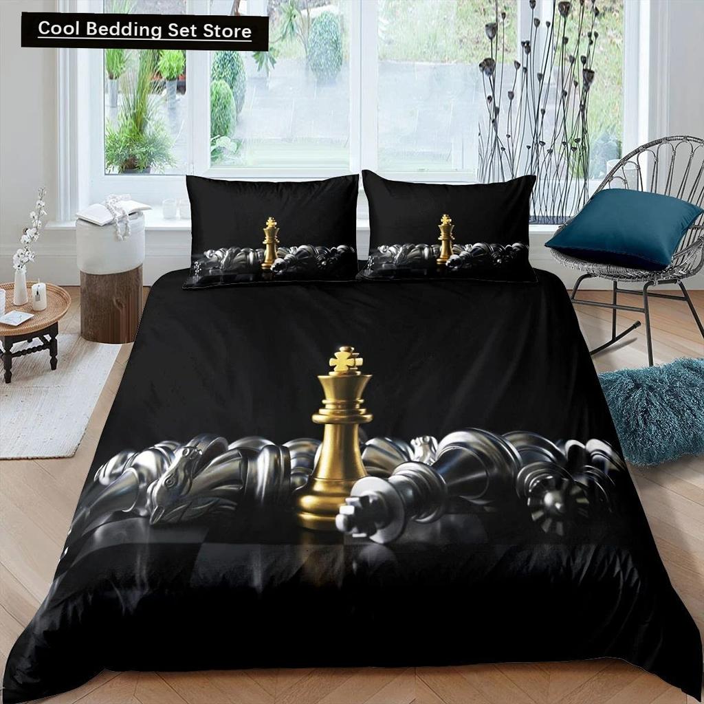 International Chess King Queen Duvet Cover Chess Board Bedding Set Black White Grid Quilt Cover Plaid Polyester Comforter Cover