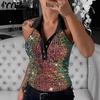 Women's Fashion Casual Summer Spring Colour Block Print Sleeveless POLO Neck Blouses & Shirts