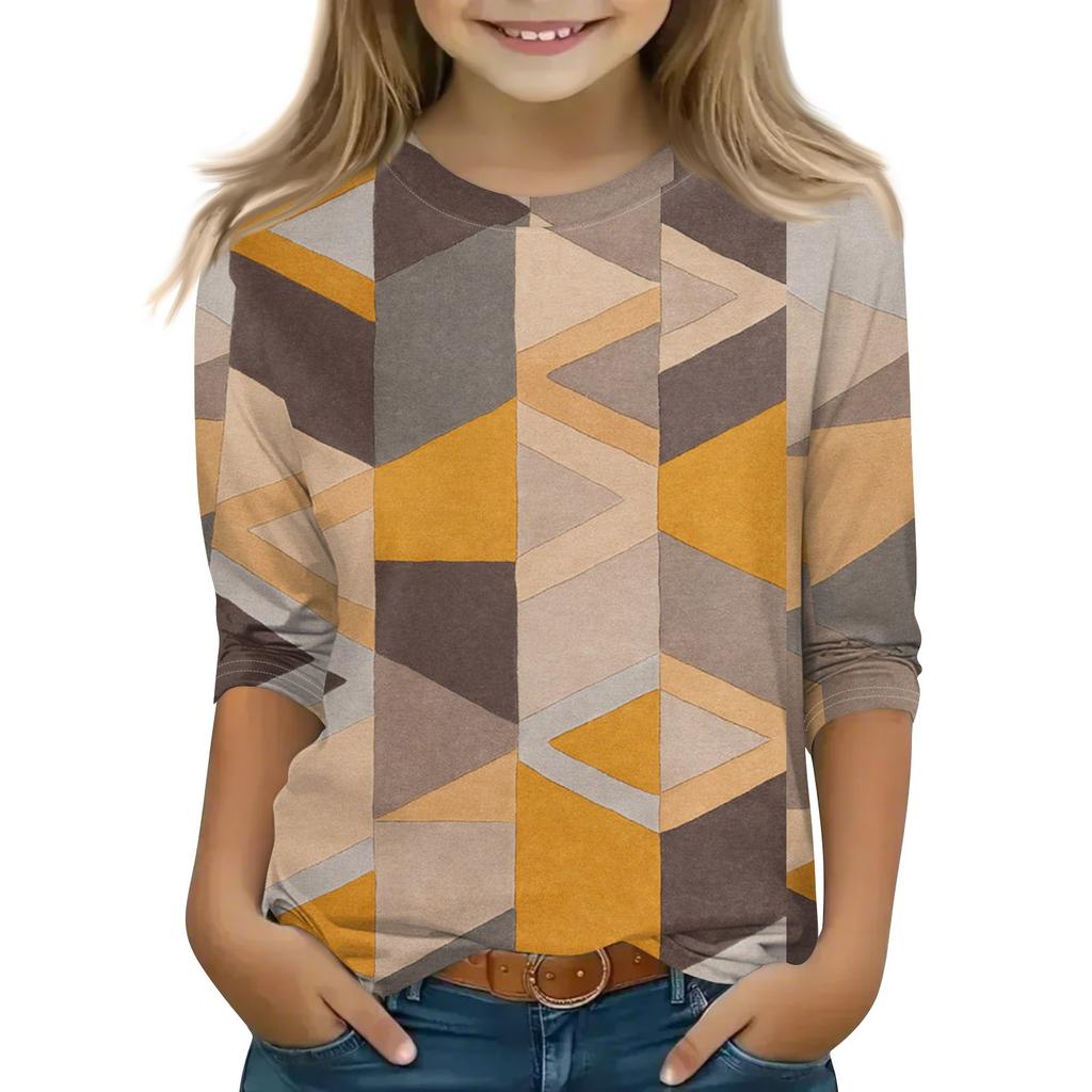 Print Tops For Youth Girls 5-16 Years Round Neck 3/4 Sleeves T-Shirts Trendy Tops Outfit Tees