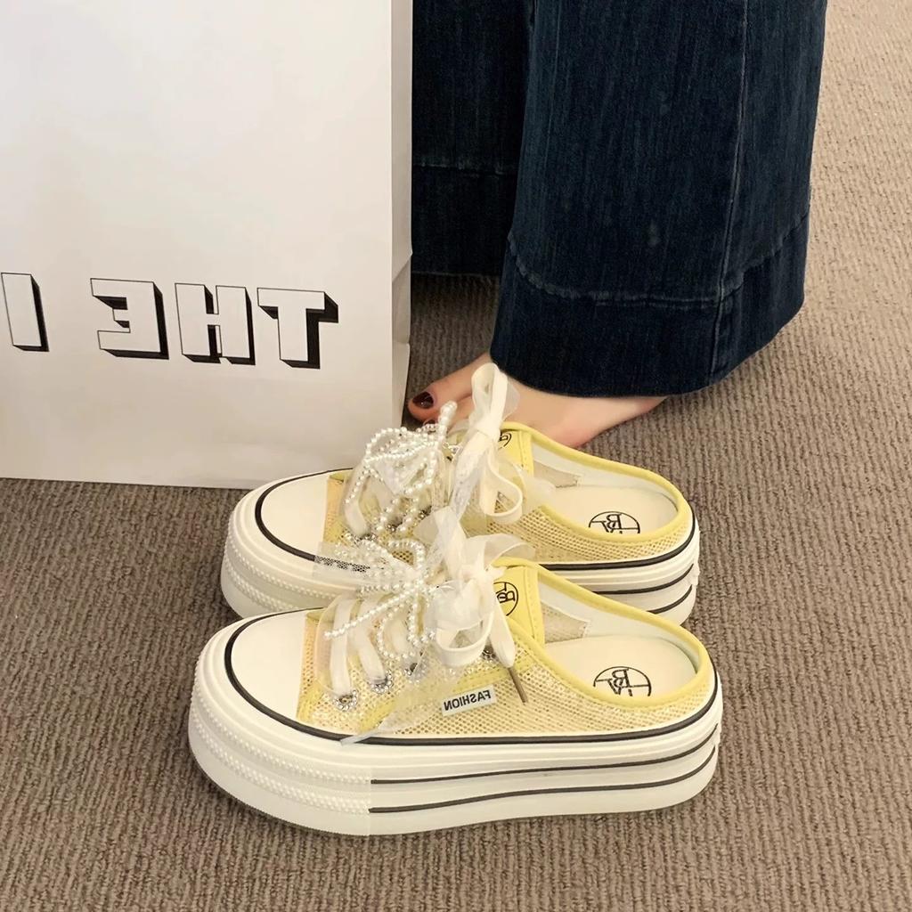 [Armano] Thick-soled Bag Head Half Slippers Women's Summer Wear 2025 New Mesh Breathable Little White Board Shoes