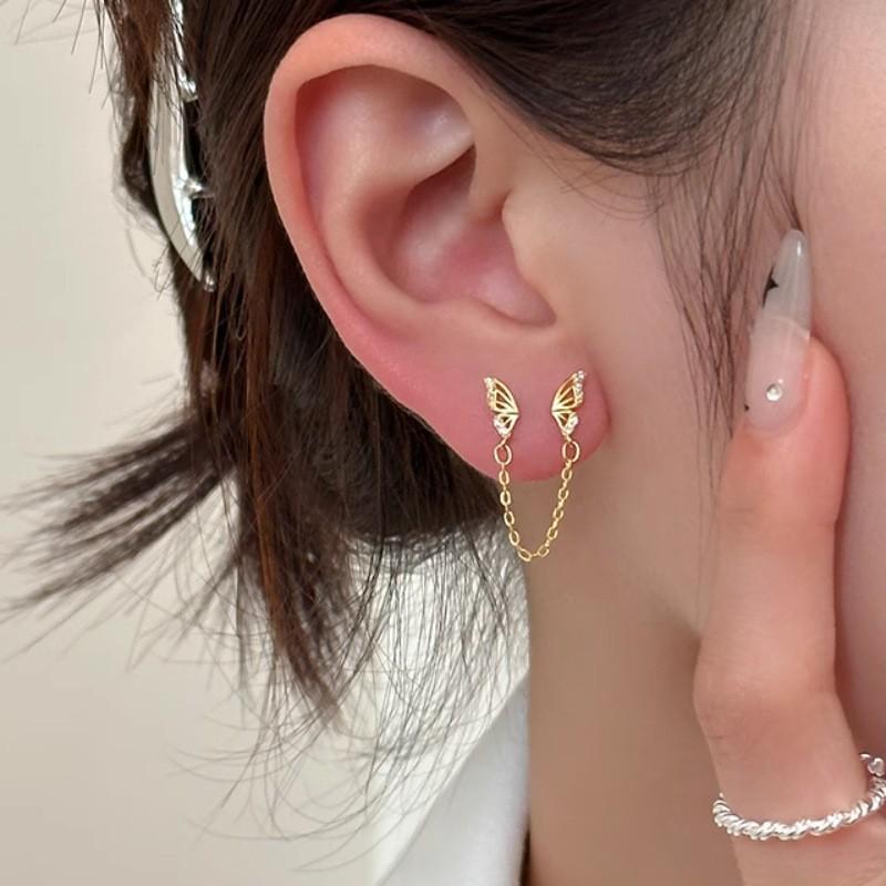 Tiny Sweet Tassel Butterfly Stud Earrings for Women Simple Korean Double Ear Hole Tassel Chain Earring Party Jewelry