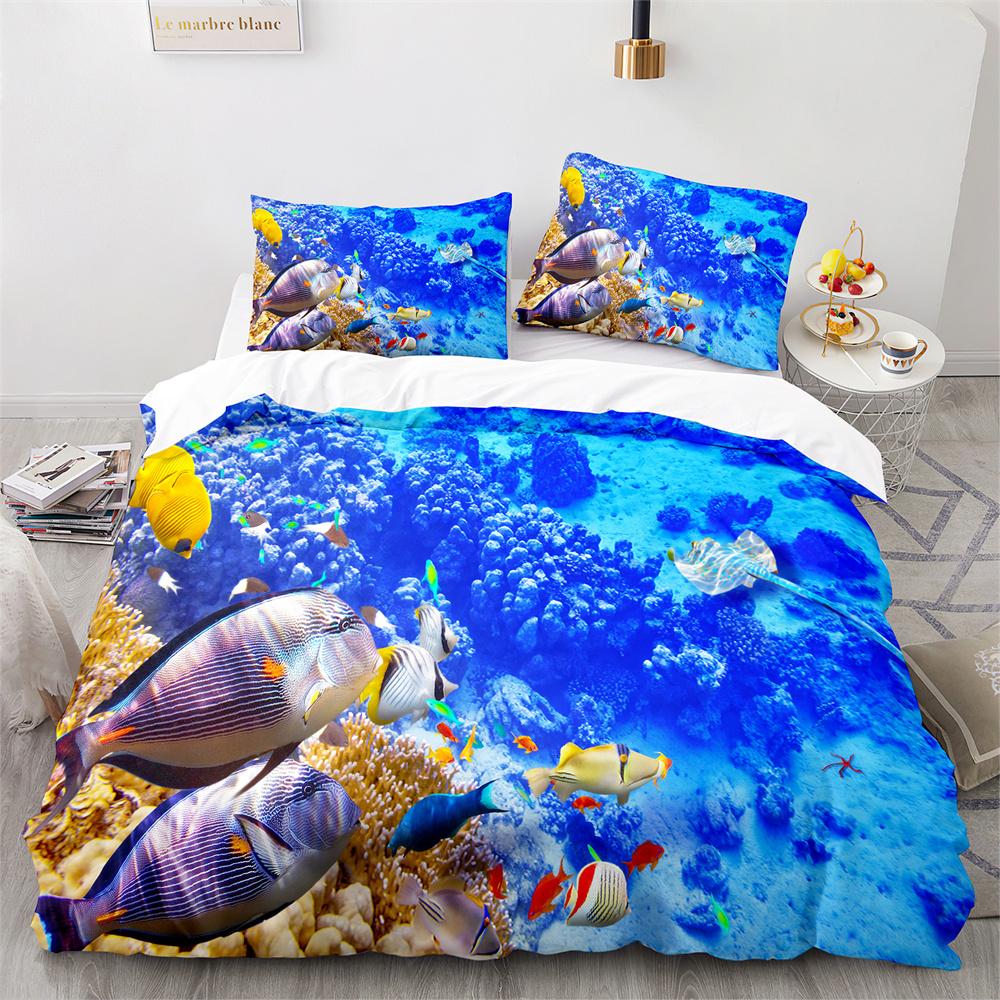 Пододеяльник Подводный мир Кинг Квин Синий Океан Акула Комплект постельного белья для детей Морское животное Коралл Рыба 2/3 предмета Полиэстер Пододеяльник